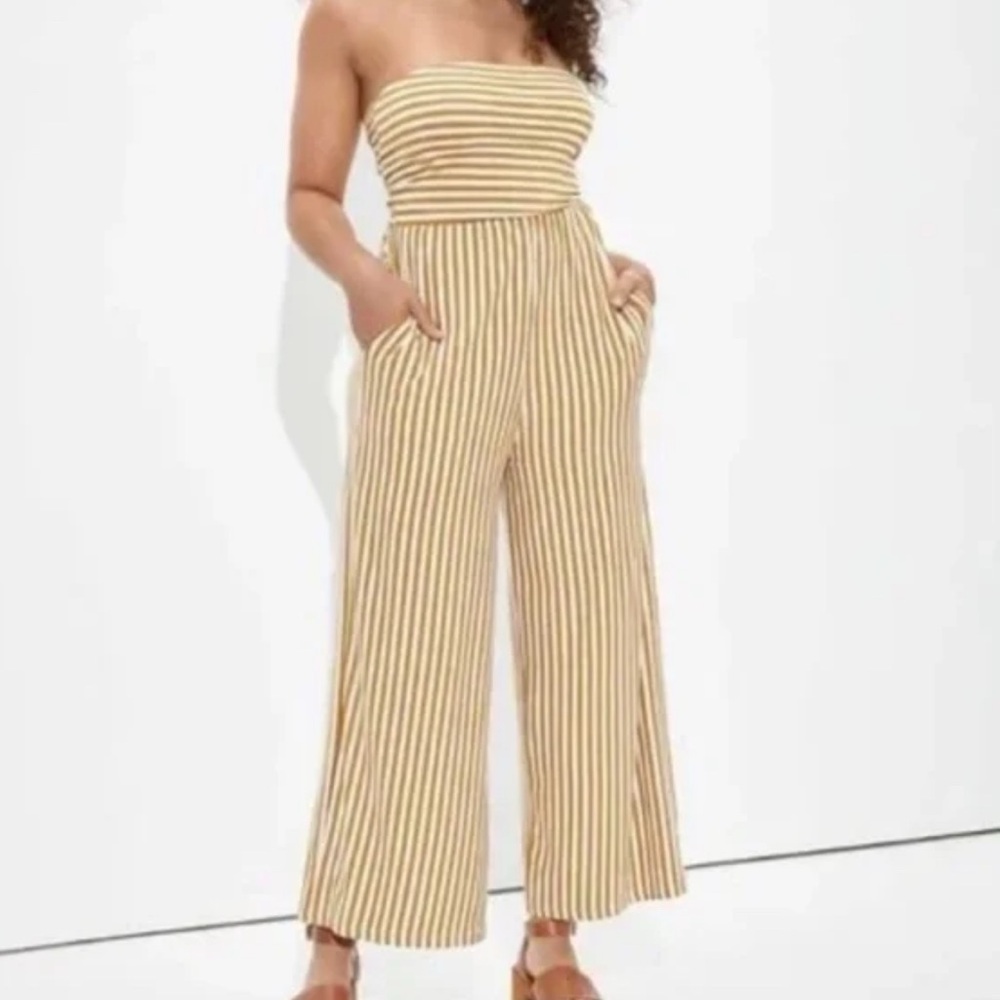 American Eagle Tan and White Striped Jumpsuit with Cropped Wide-Leg